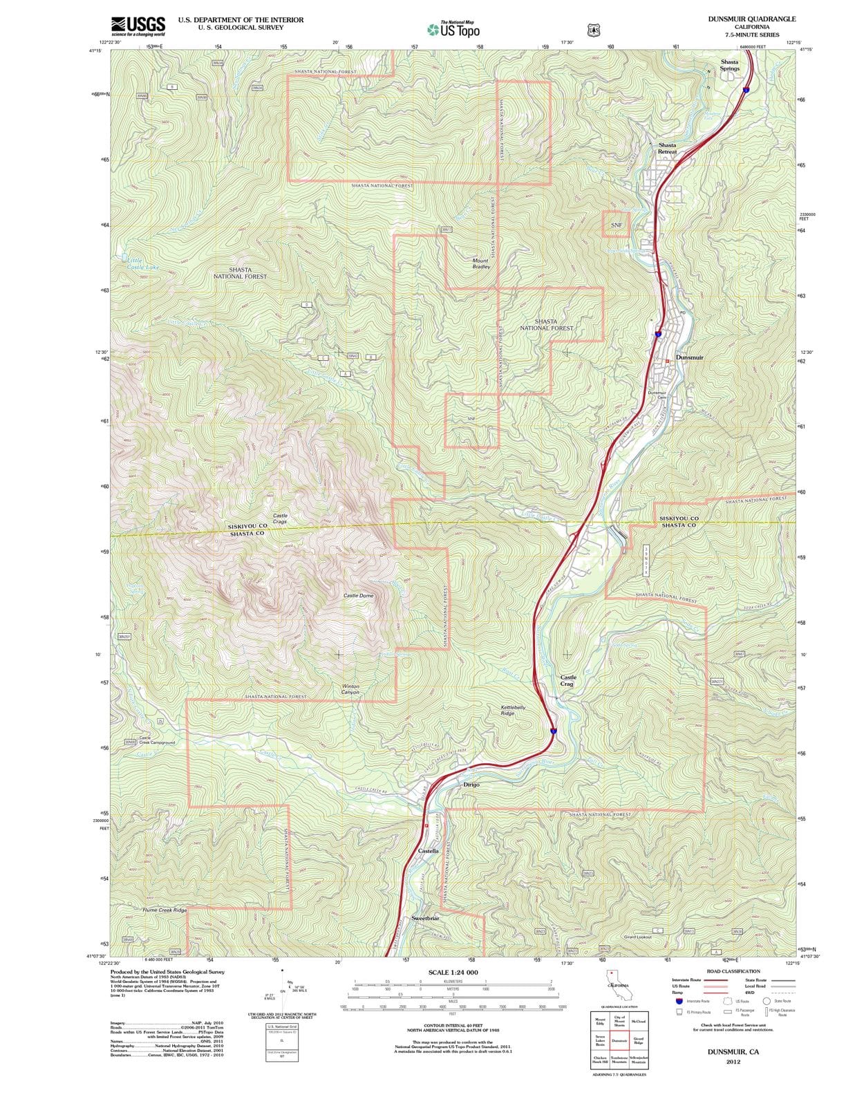 2012 Dunsmuir, CA - California - USGS Topographic Map