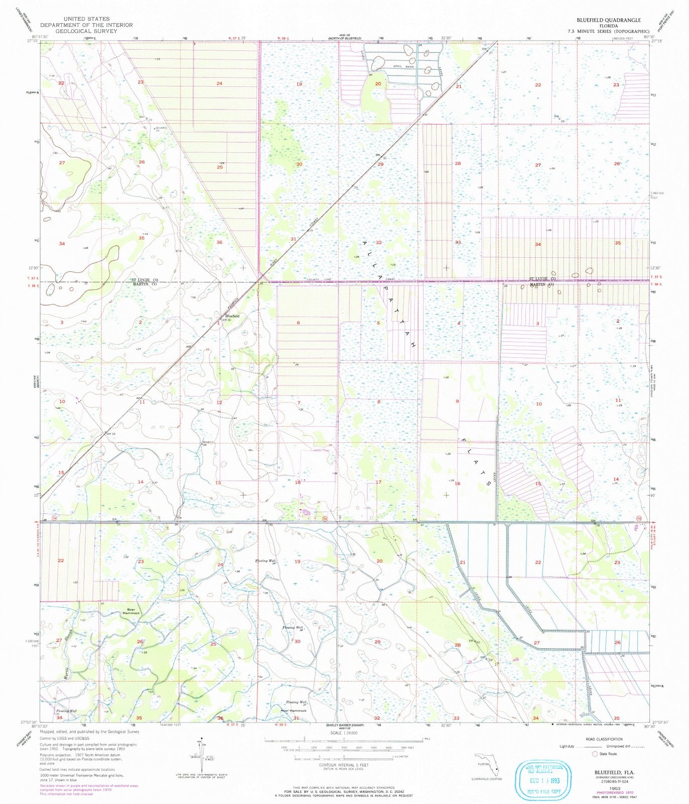1953 Bluefield, FL - Florida - USGS Topographic Map