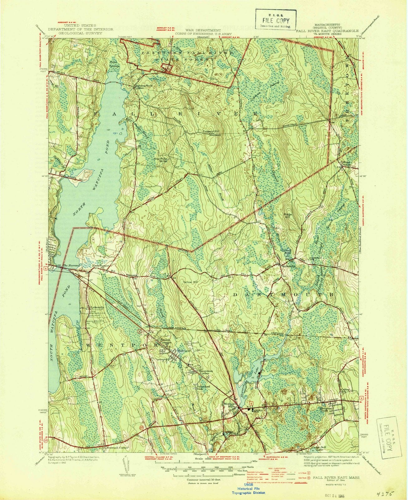 1944 Fall River, MA - Massachusetts - USGS Topographic Map