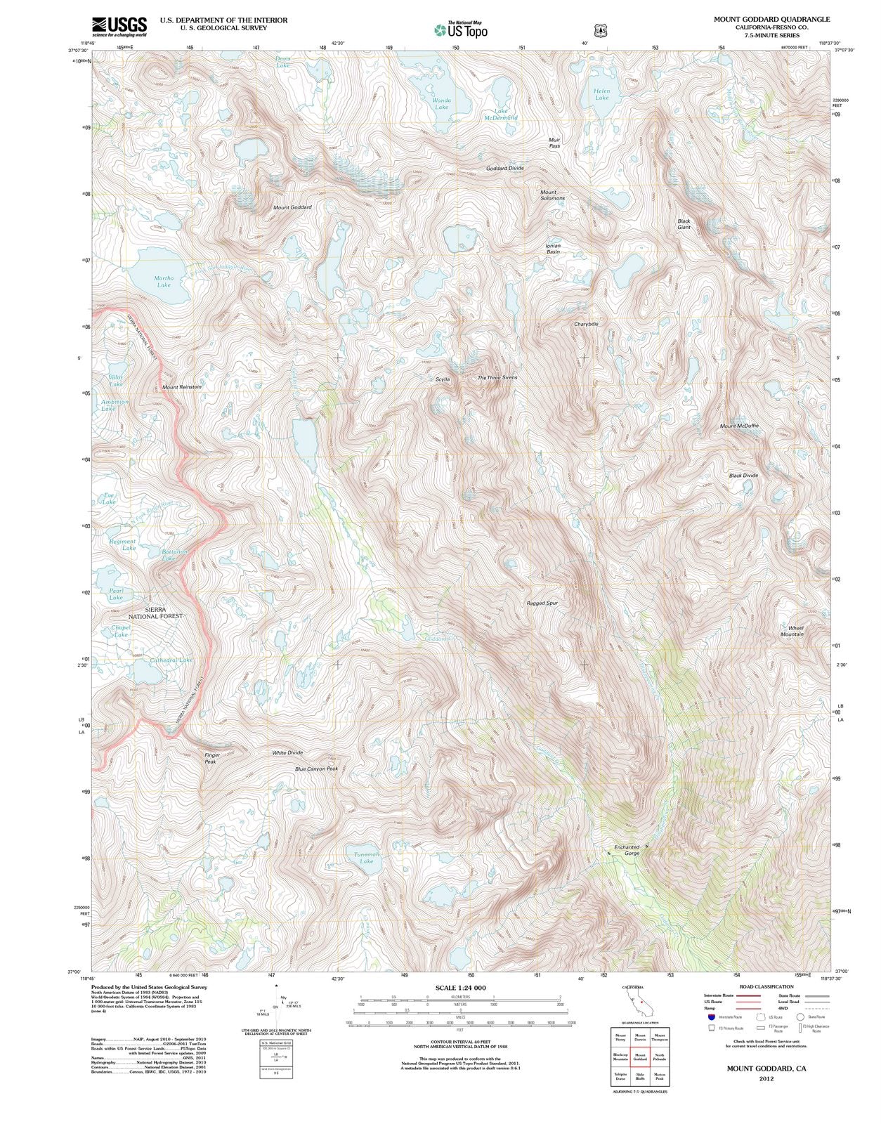 2012 Mount Goddard, CA - California - USGS Topographic Map