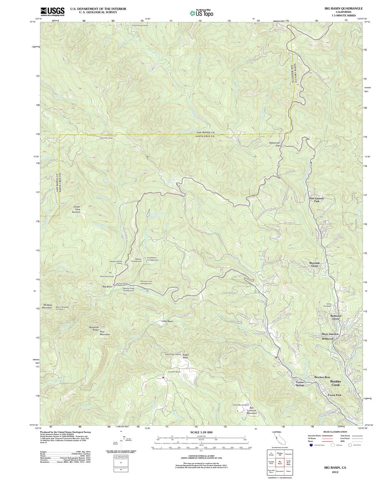 2012 Big Basin, CA - California - USGS Topographic Map