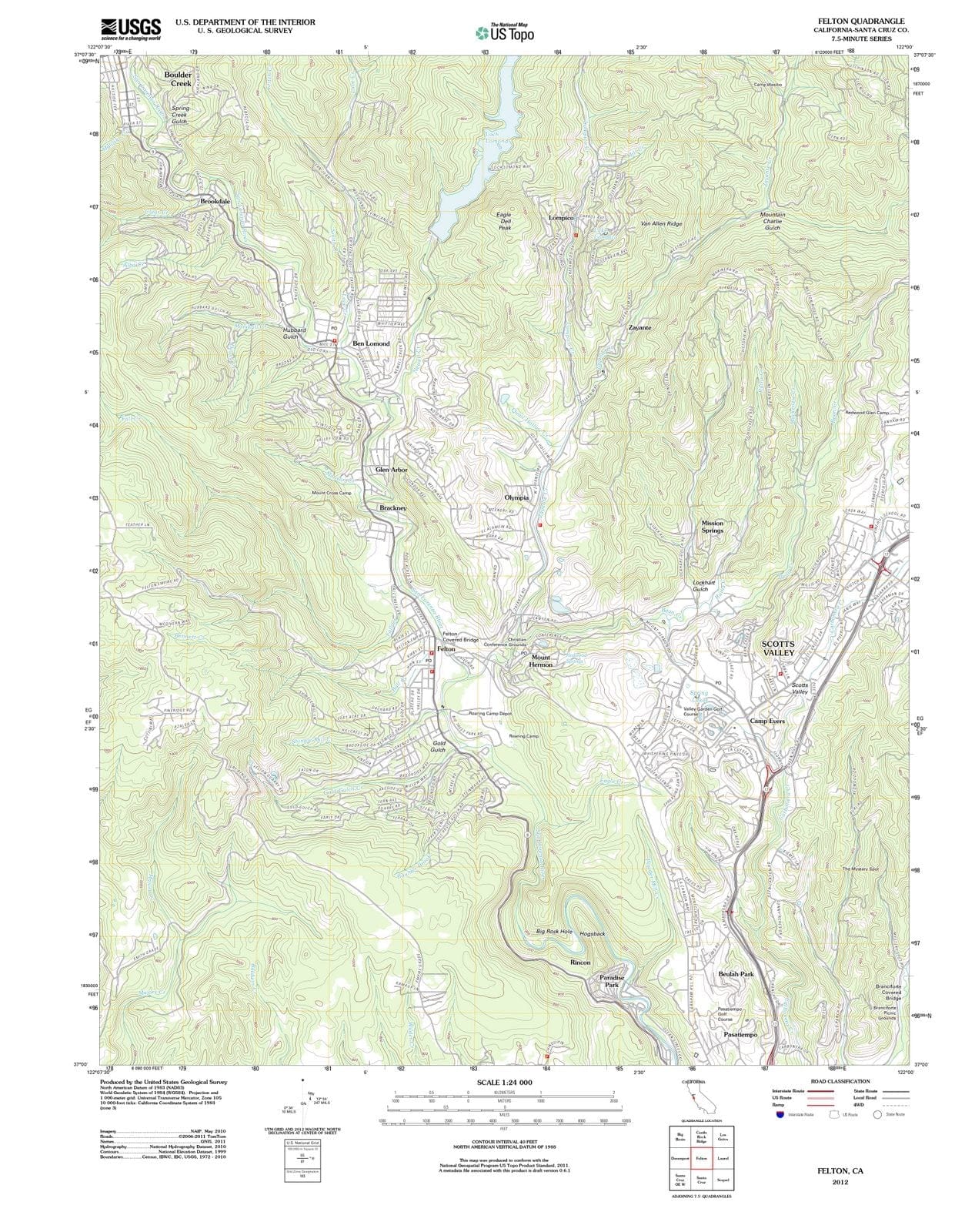 2012 Felton, CA - California - USGS Topographic Map