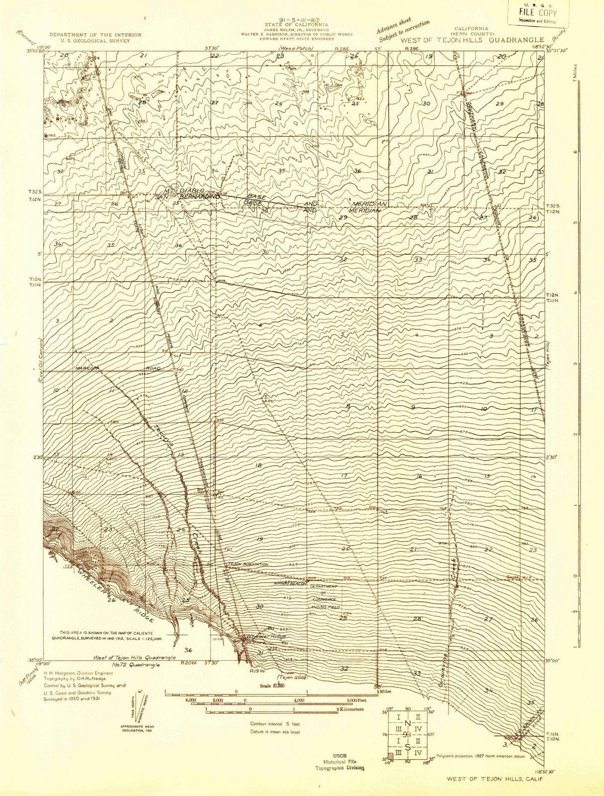 1931 West of Tejon Hills, CA - California - USGS Topographic Map