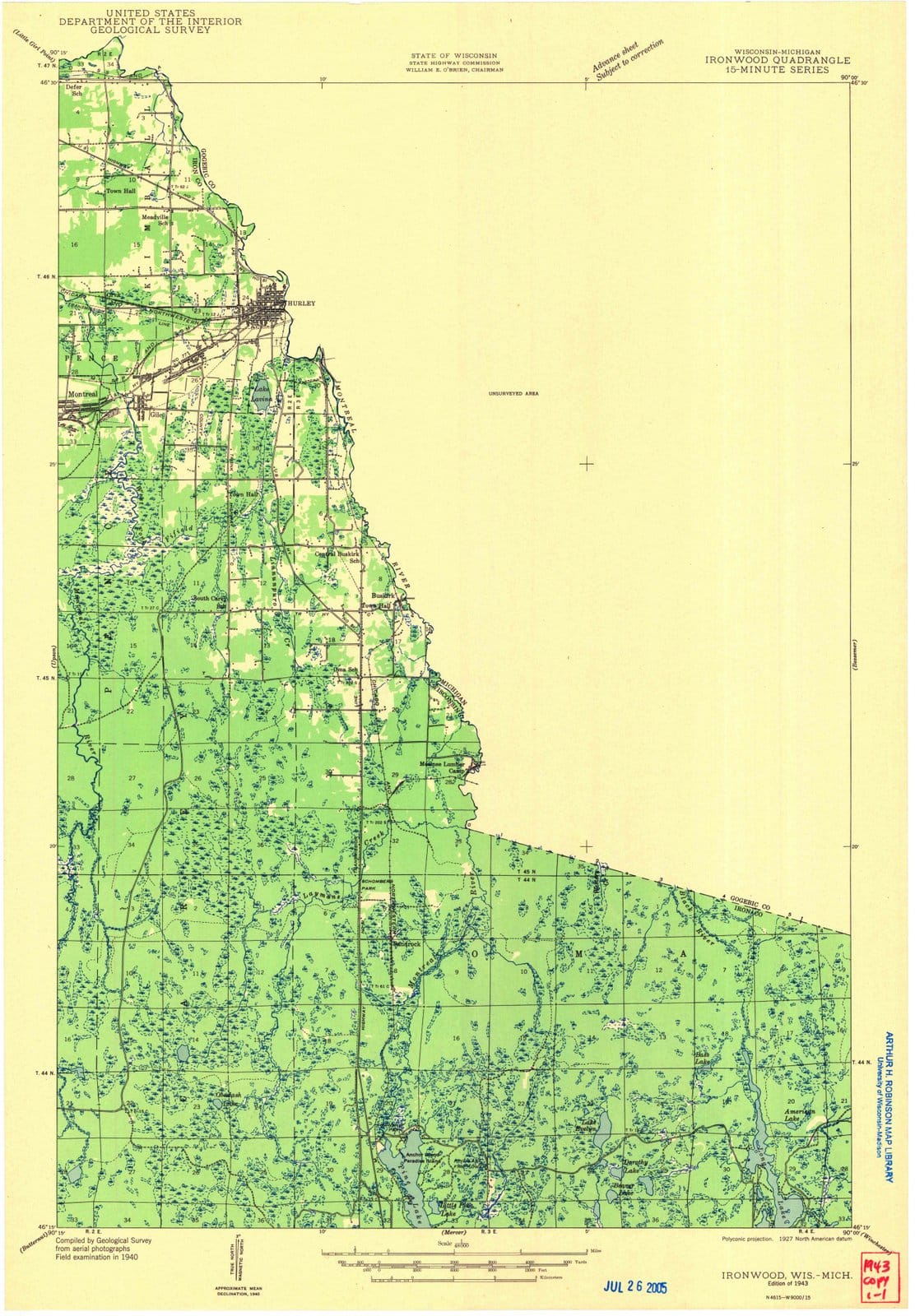 1943 Ironwood, MI - Michigan - USGS Topographic Map