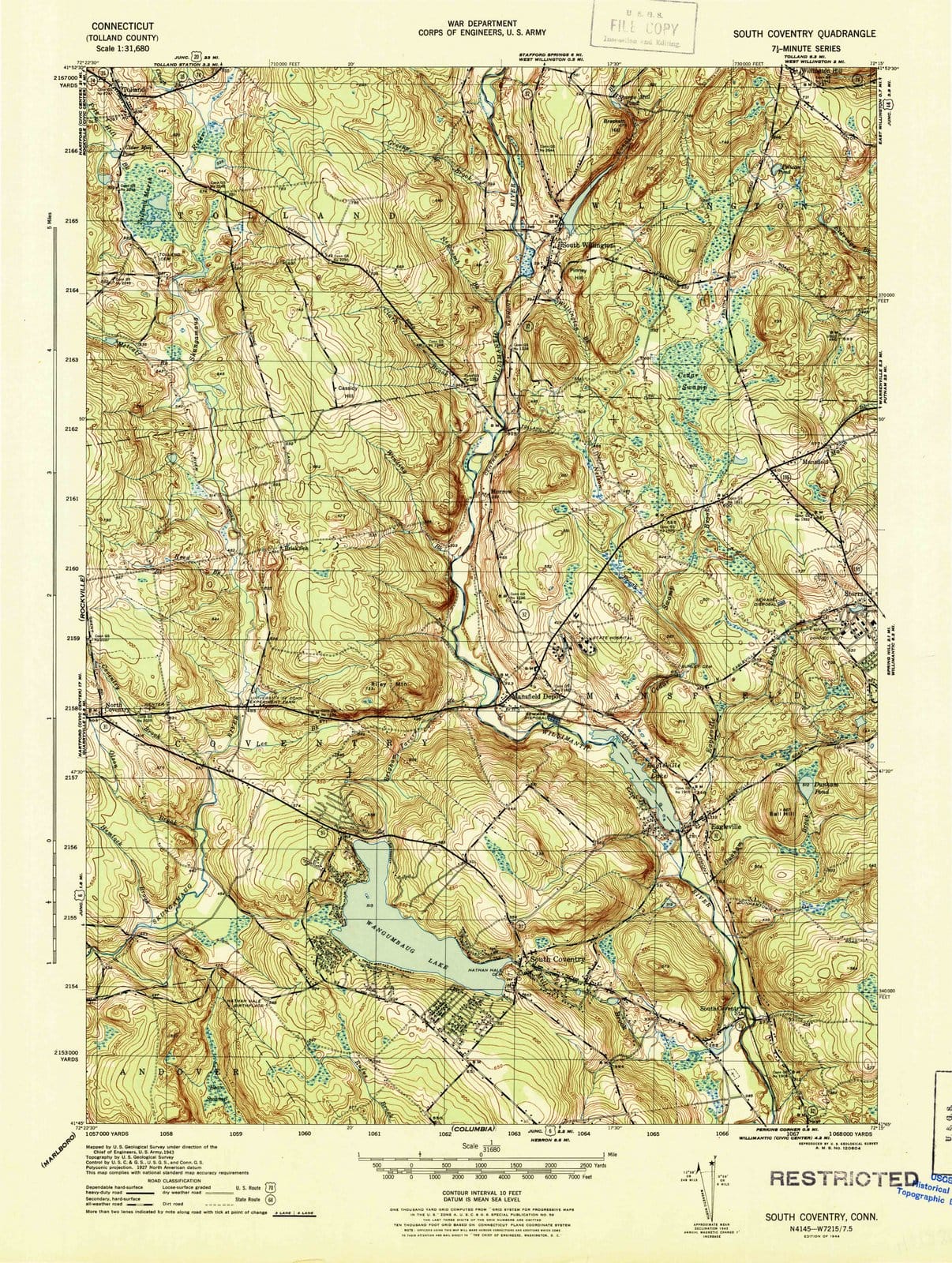 1944 Coventry, CT - Connecticut - USGS Topographic Map