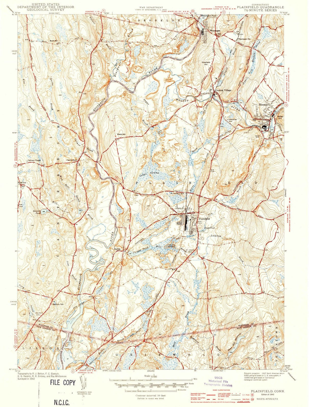 1943 Plainfield, CT - Connecticut - USGS Topographic Map