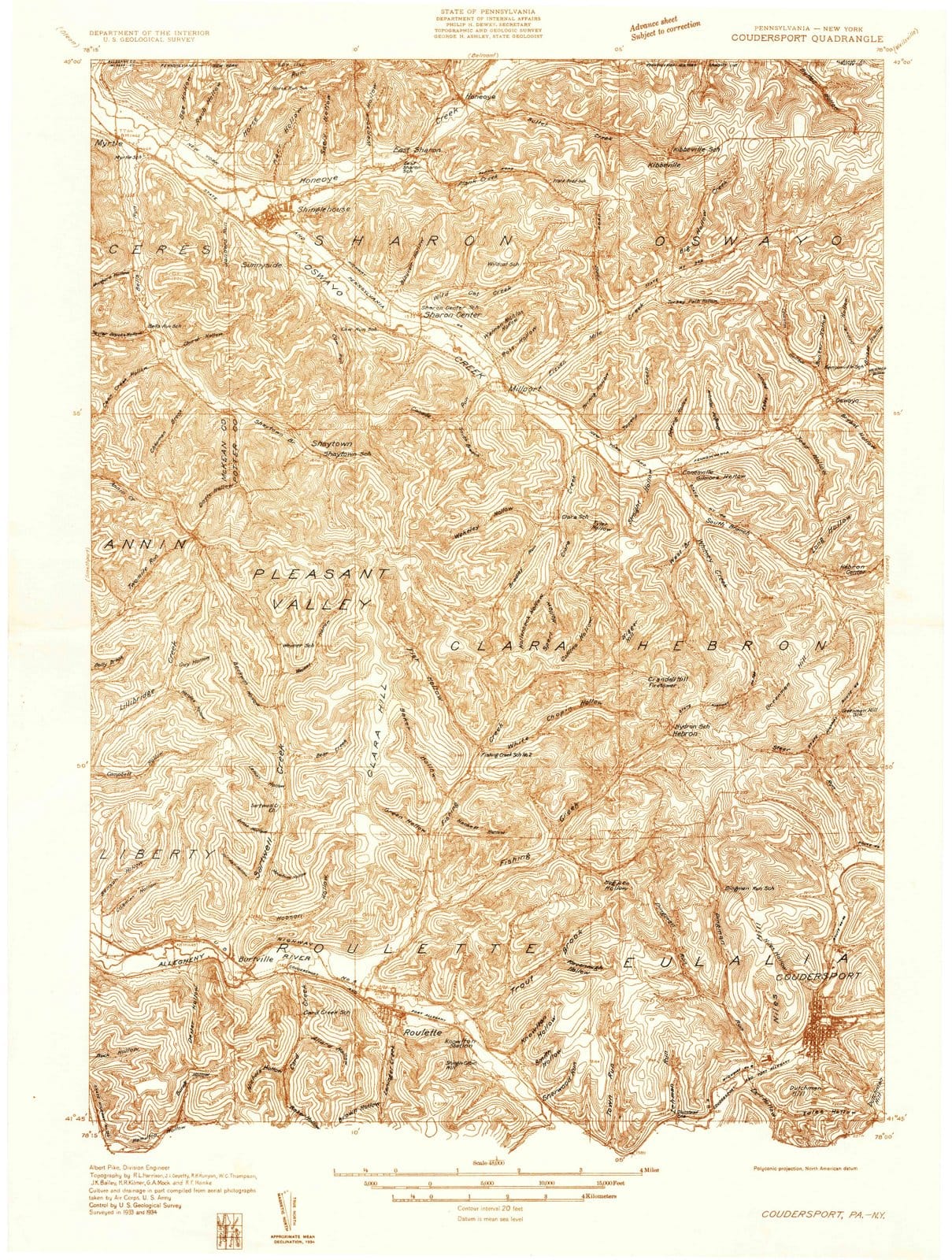 1934 Coudersport, PA - Pennsylvania - USGS Topographic Map