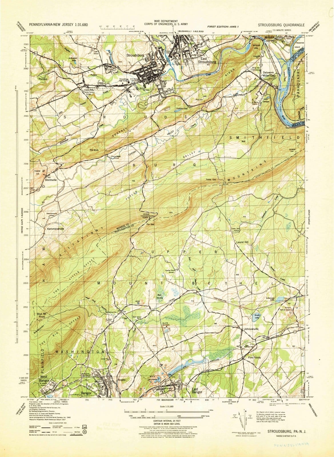 1943 Stroudsburg, PA - Pennsylvania - USGS Topographic Map