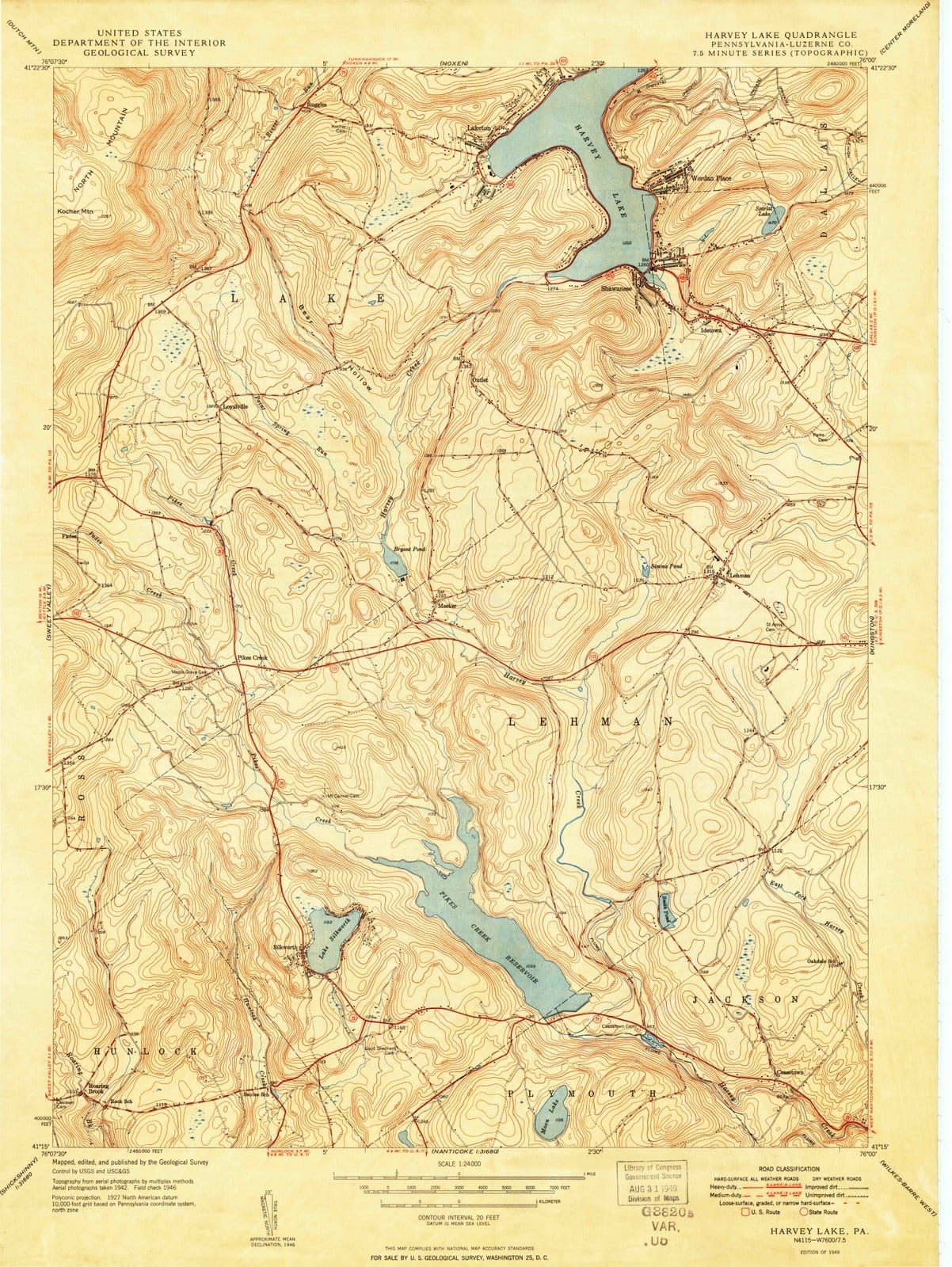 1949 Harvey Lake, PA - Pennsylvania - USGS Topographic Map