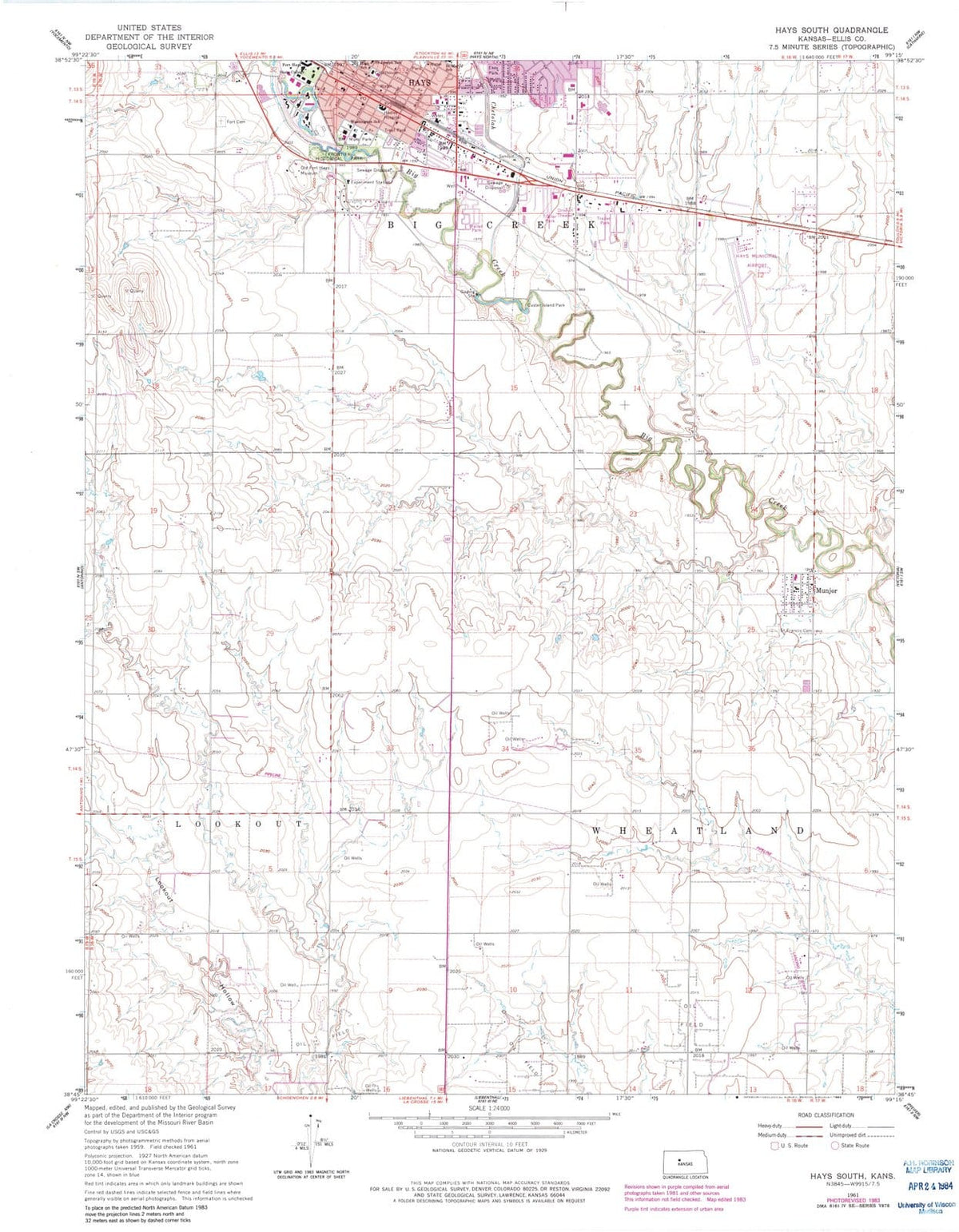 1961 Hays South, KS - Kansas - USGS Topographic Map