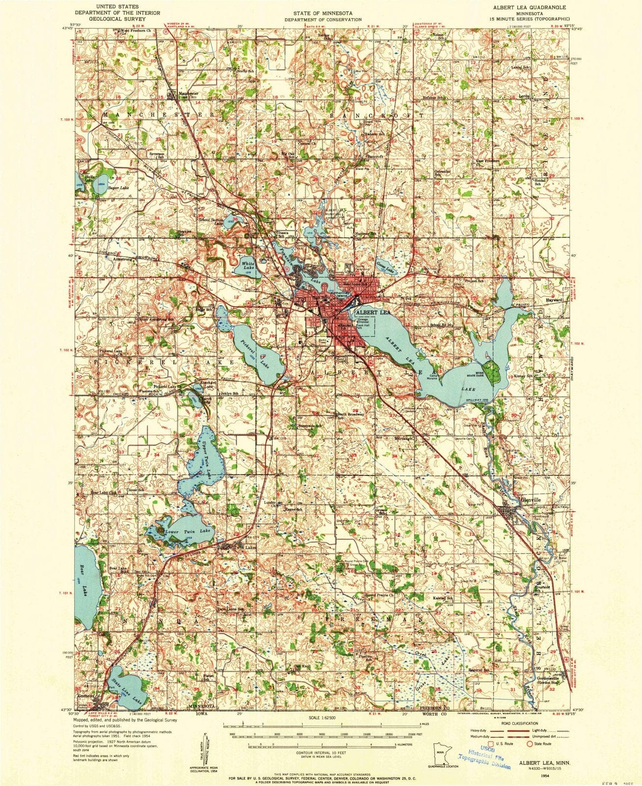 1954 Albert Lea, MN - Minnesota - USGS Topographic Map