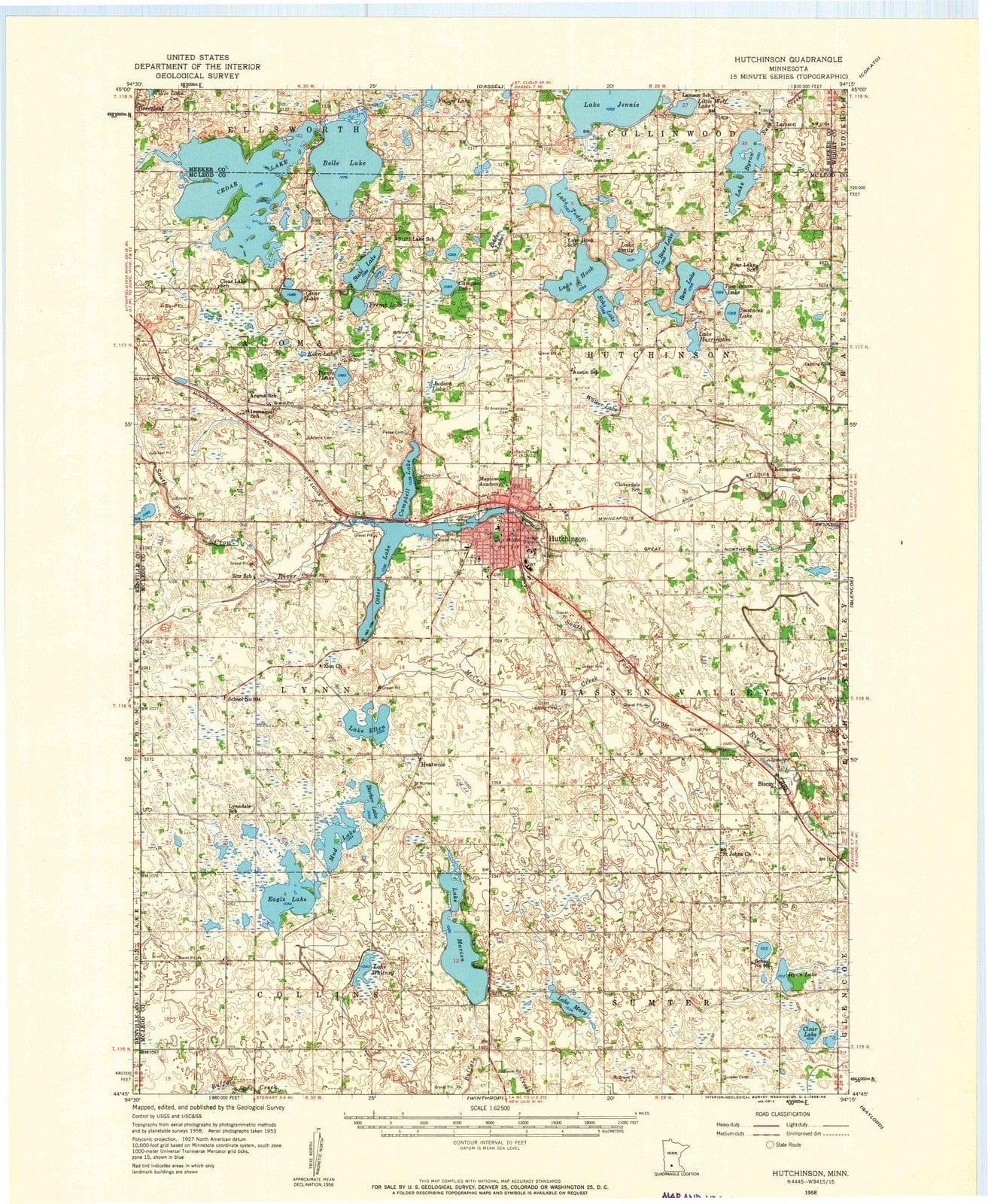 1958 Hutchinson, MN - Minnesota - USGS Topographic Map