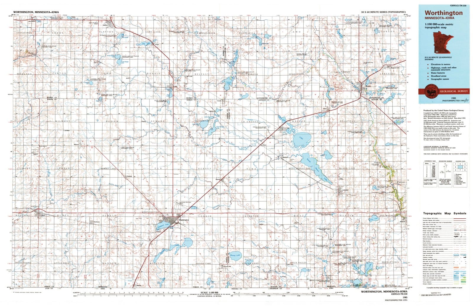 1985 Worthington, MN - Minnesota - USGS Topographic Map