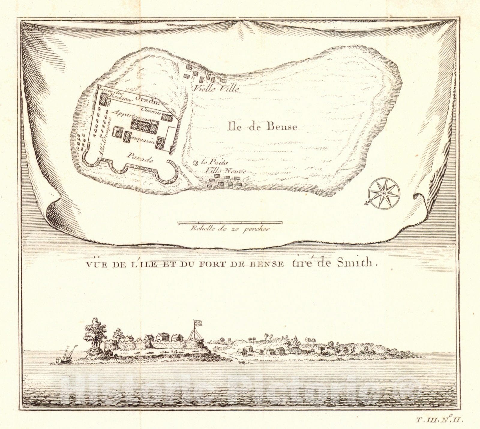 Historic Map : 1747 Vue De L'Ile Et Du Fort De Bense Tir&eacute; De Smith (Sierra Leone) : Vintage Wall Art