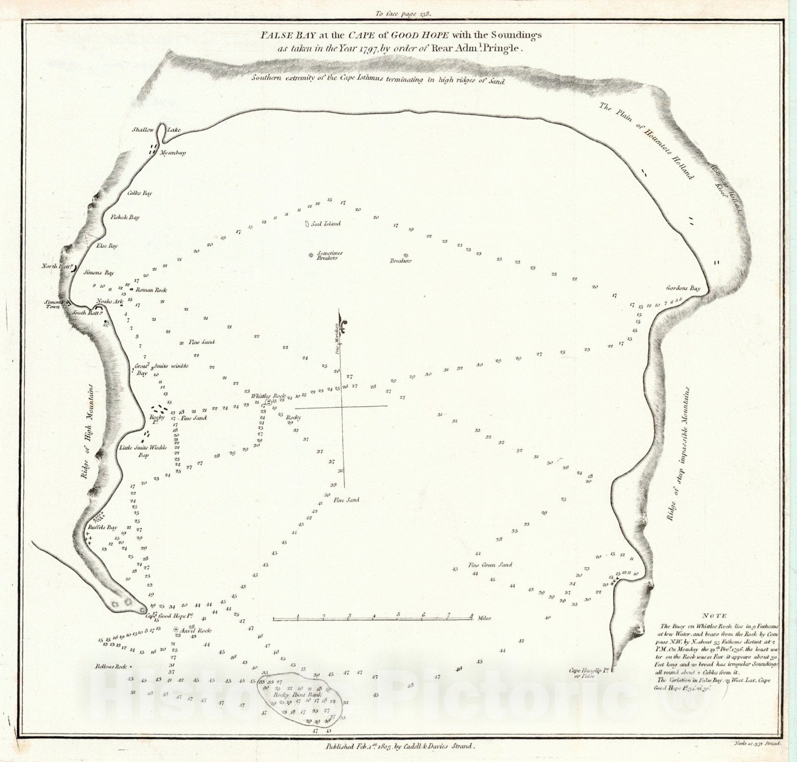 Historic Map : 1803 False Bay at the Cape of Good Hope with Soundings as Taken in the Year 1797, by Order of Rear Admiral Pringle  : Vintage Wall Art