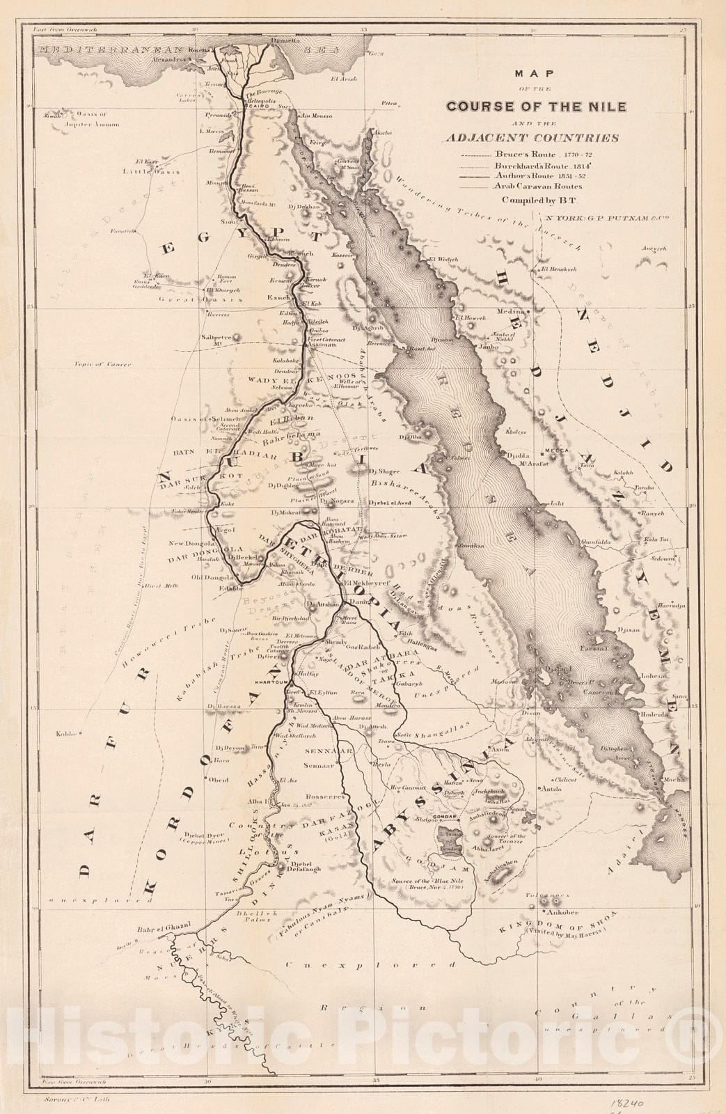 Historic Map : 1854 Map of the Course of the Nile and the Adjacent Countries : Vintage Wall Art