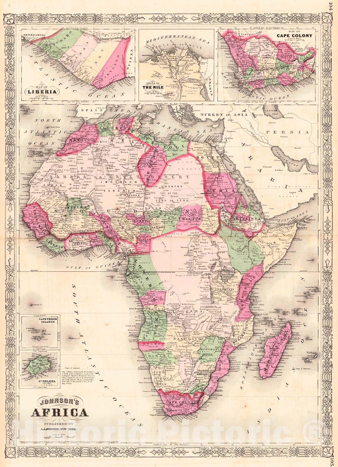 Historic Map : 1867 Johnson's Africa : Vintage Wall Art