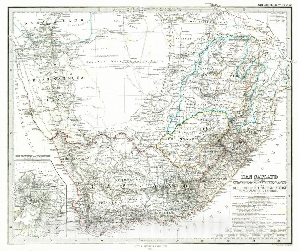 Historic Map : 1870 Das Capland nebst den Sud Afrikanischen Freistaaten und Gebeit der Hottentotten und Kaffern : Vintage Wall Art