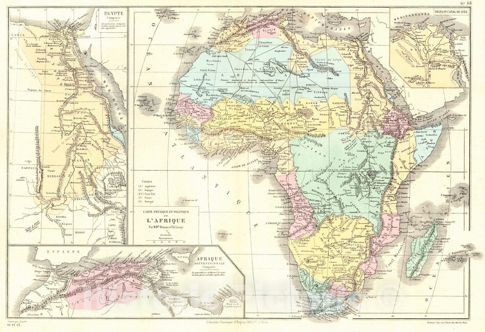 Historic Map : 1873 Carte Physique et Politique de L'Afrique  : Vintage Wall Art