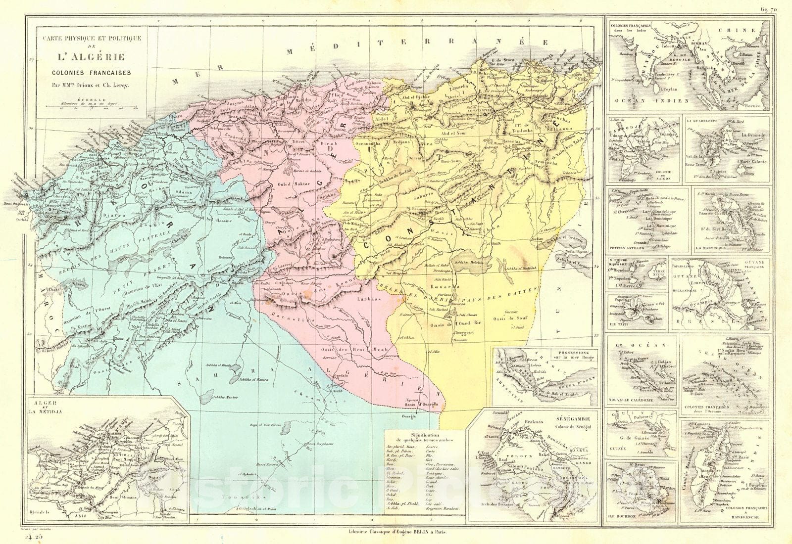 Historic Map : 1873 Carte Physique et Politique de L'Algerie, Colonies Francaises : Vintage Wall Art