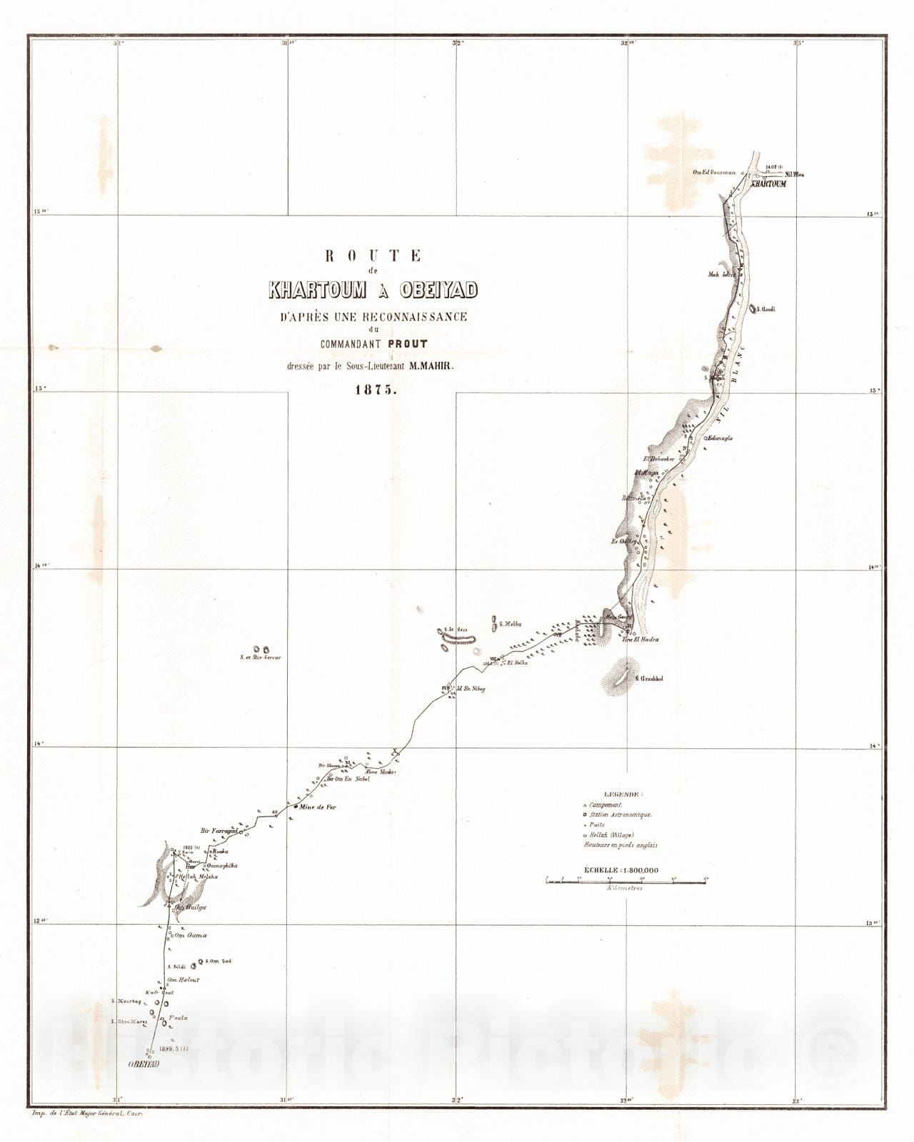 Historic Map : 1877 Route de Khartoum &Agrave; Obeiyad D'Apr&egrave;s Une Reconnaissance du Commandant Prout : Vintage Wall Art