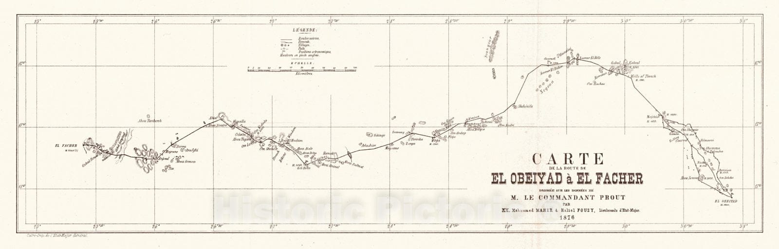 Historic Map : 1877 Carte de la Route De El Obeiyas a El Facher Dressee sur Les Donnees De M. Le Commandant Prout : Vintage Wall Art
