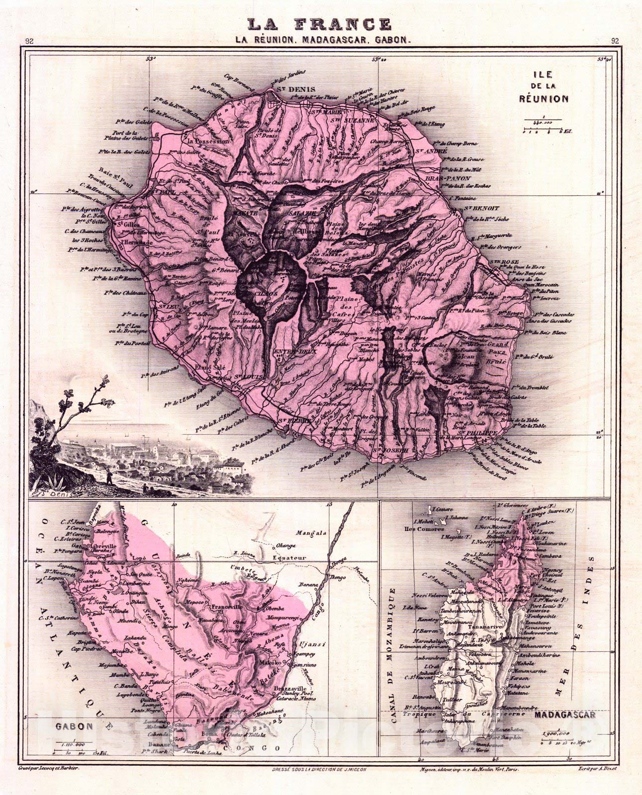 Historic Map : 1881 La France - La Reunion, Madagascar, Gabon : Vintage Wall Art
