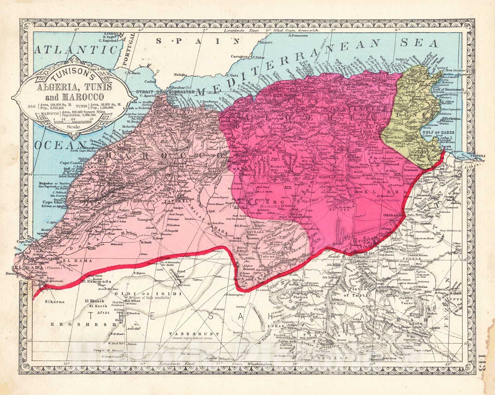 Historic Map : 1883 Tunison's Algeria Tunis and Marocco : Vintage Wall Art