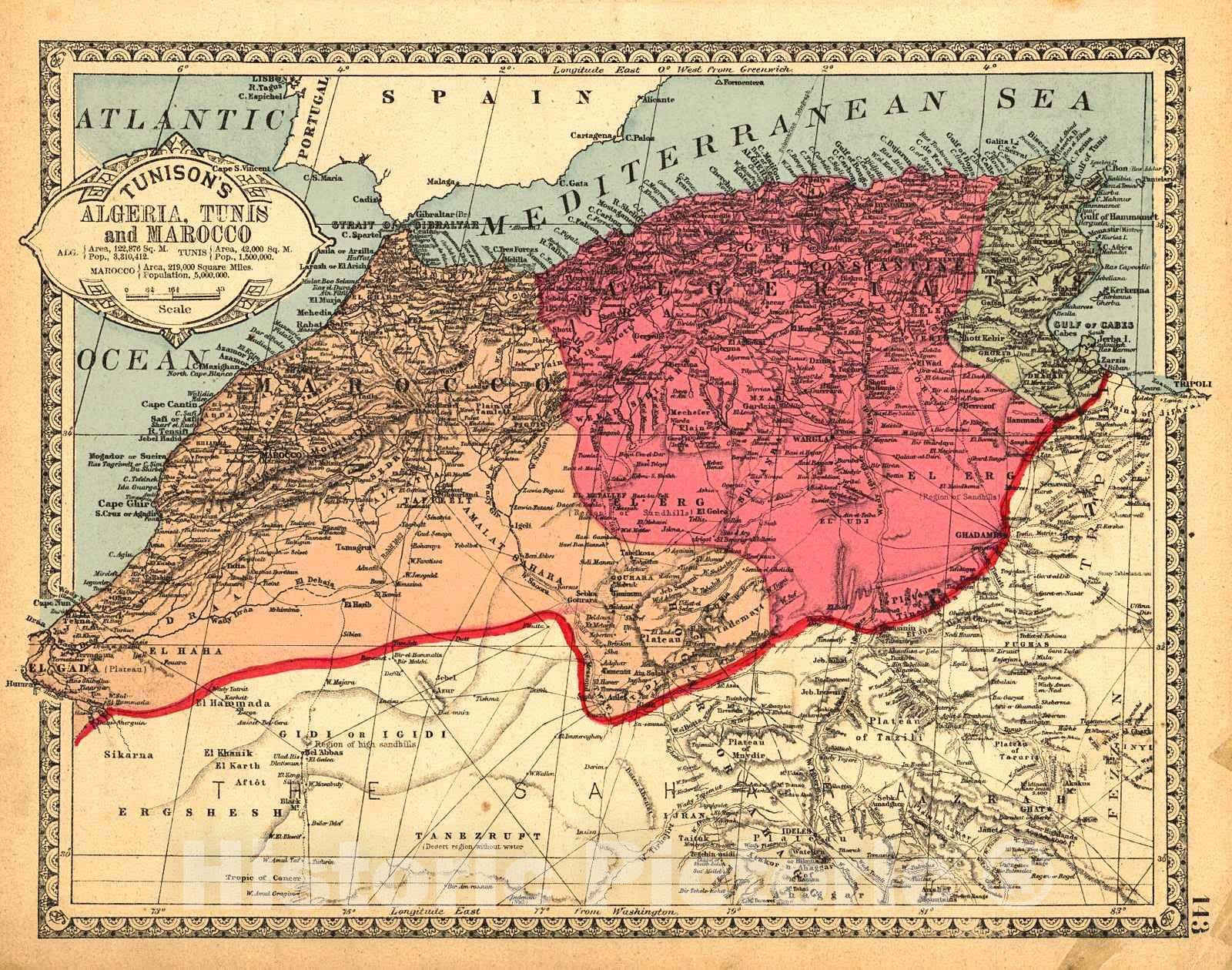 Historic Map : 1885 Algeria, Tunis, and Morocco : Vintage Wall Art