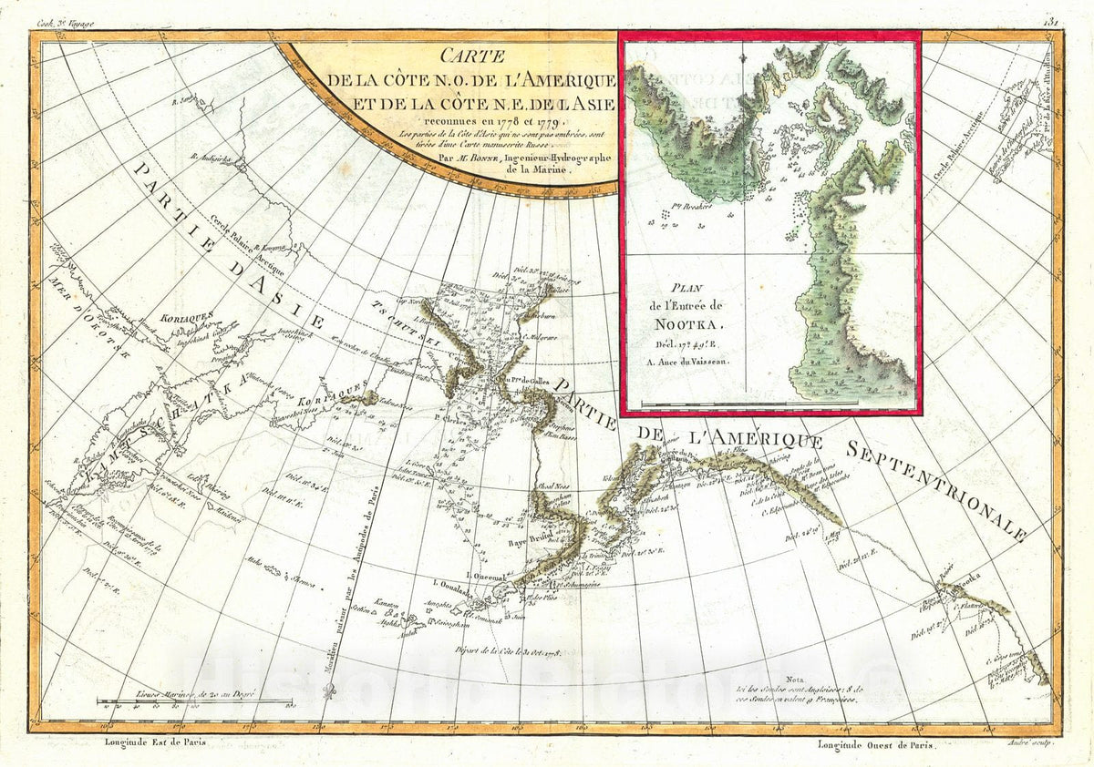 Historic Map : 1780 Carte de la C&ocirc;te N.O. de L'Amerique et de la C&ocirc;te N.E. de L'Asie Reconnues en 1778 et 1779 : Vintage Wall Art