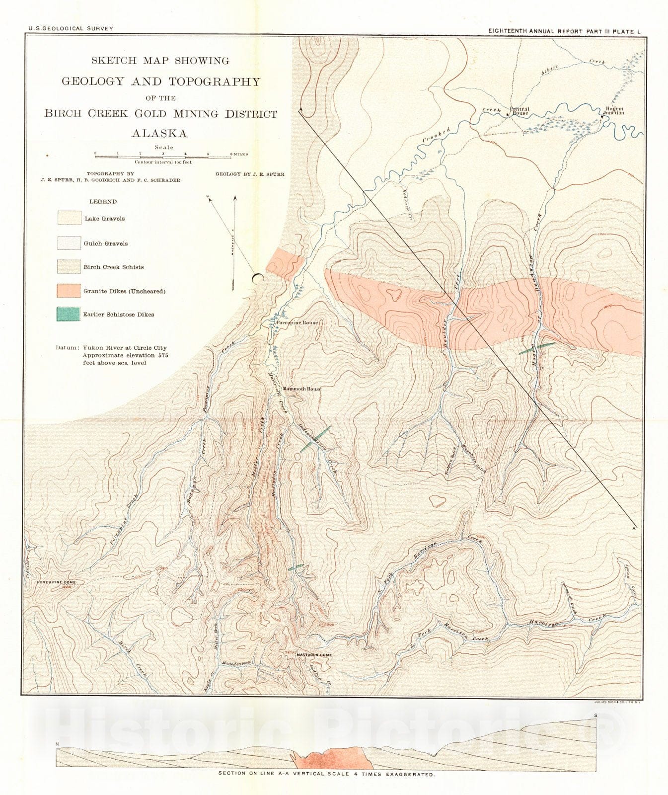 Historic Map : 1897 Sketch map showing geology and topography of the Birch Creek Gold Mining District, Alaska : Vintage Wall Art