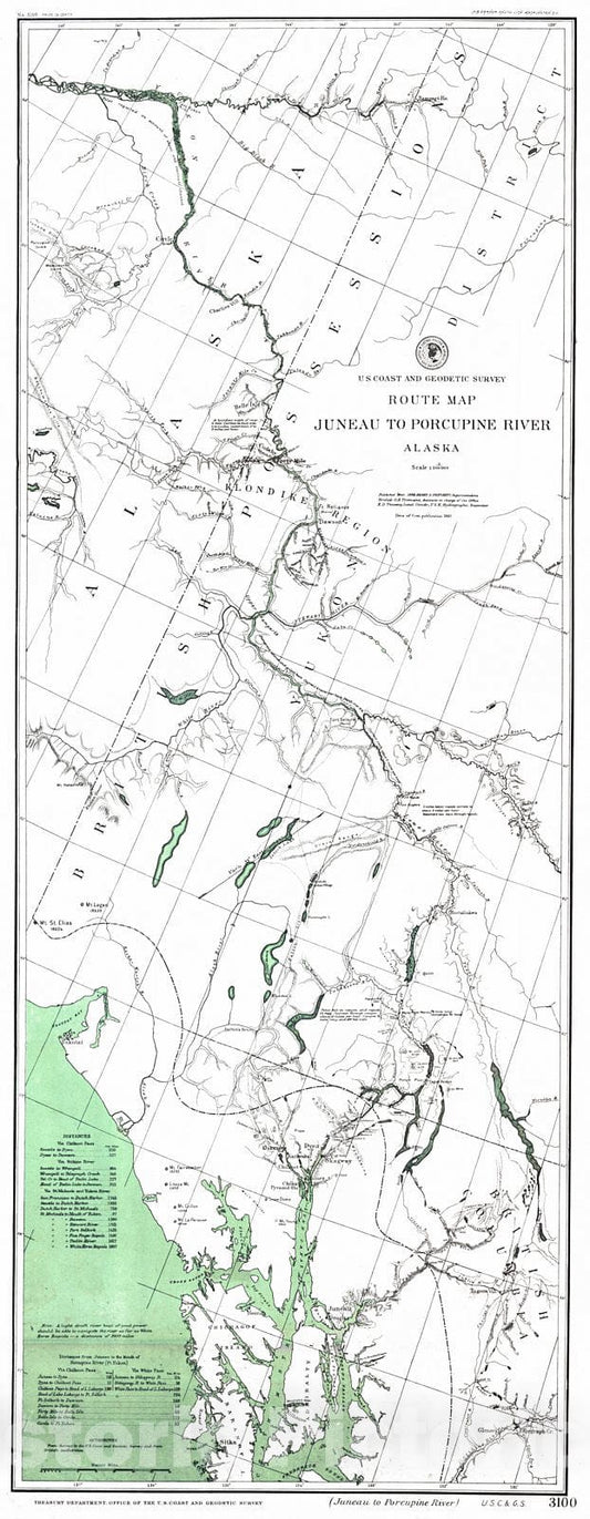 Historic Map : 1898 Route Map, Juneau to Porcupine River, Alaska : Vintage Wall Art