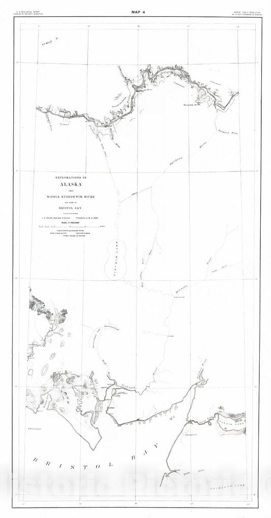 Historic Map : 1898 Map 4: Explorations in Alaska, 1898, Middle Kuskokwim River and Part of Bristol Bay : Vintage Wall Art