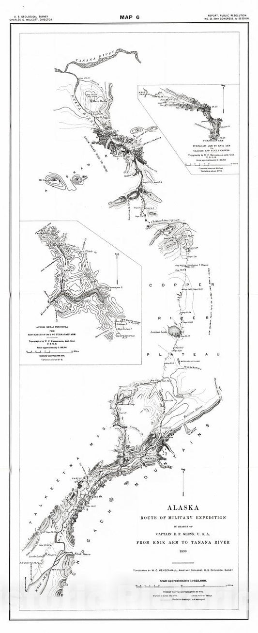 Historic Map : 1898 Map 6: Alaska, Route of Military Expedition in charge of Captain E.F. Glenn, U.S.A, from Krik Arm to Tanana River : Vintage Wall Art
