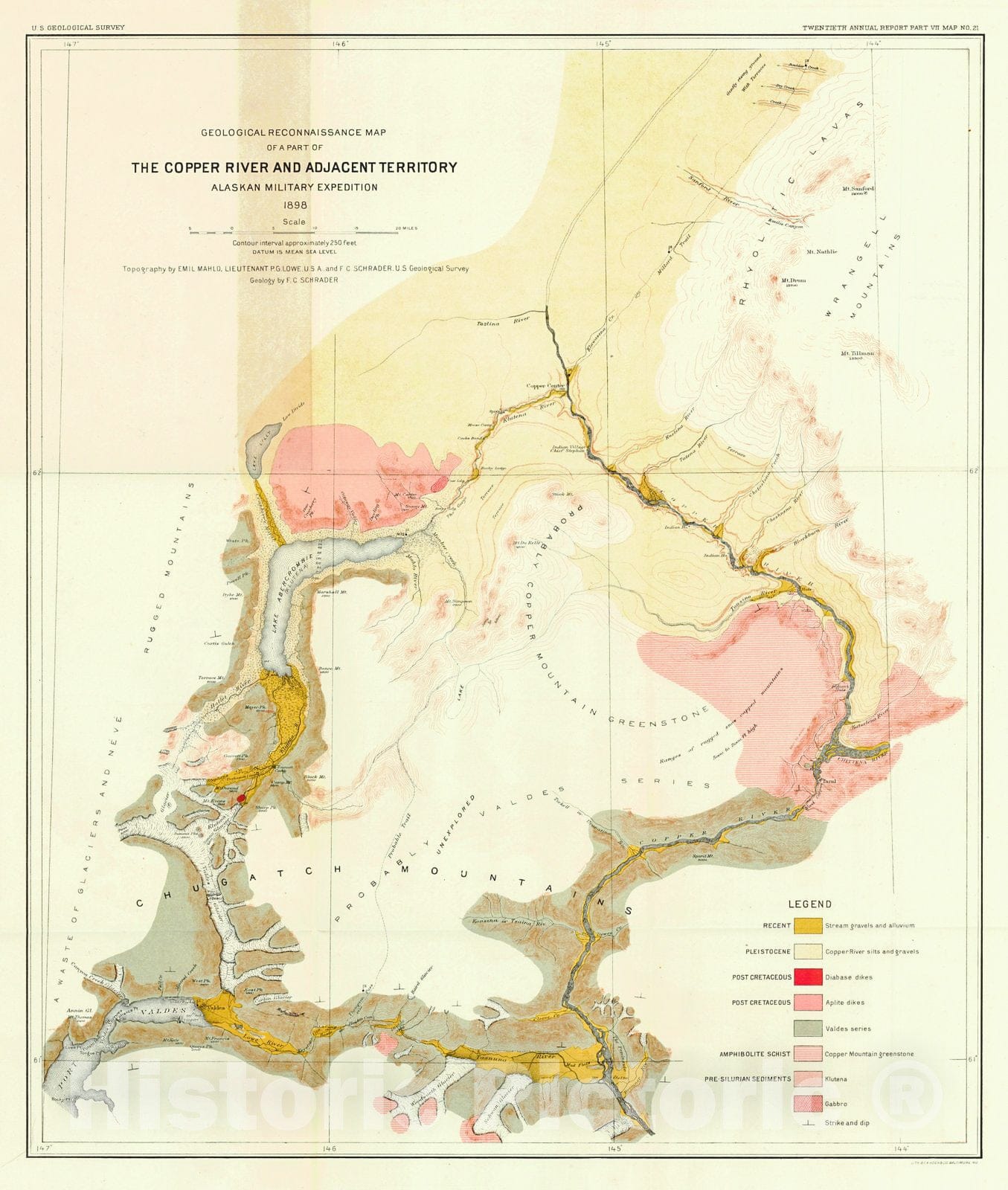 Historic Map : 1898 Geological Reconnaissance Map of a part of the Copper River and Adjacent Territory, Alaskan Military Expedition  : Vintage Wall Art