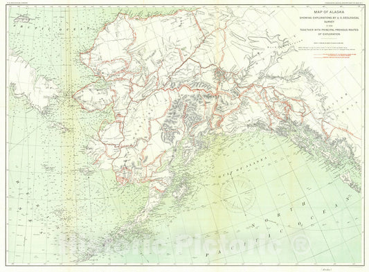 Historic Map : 1898 Map of Alaska Showing Explorations by U.S. Geological Survey in 1898 together with Principal Previous Routes of Exploration : Vintage Wall Art