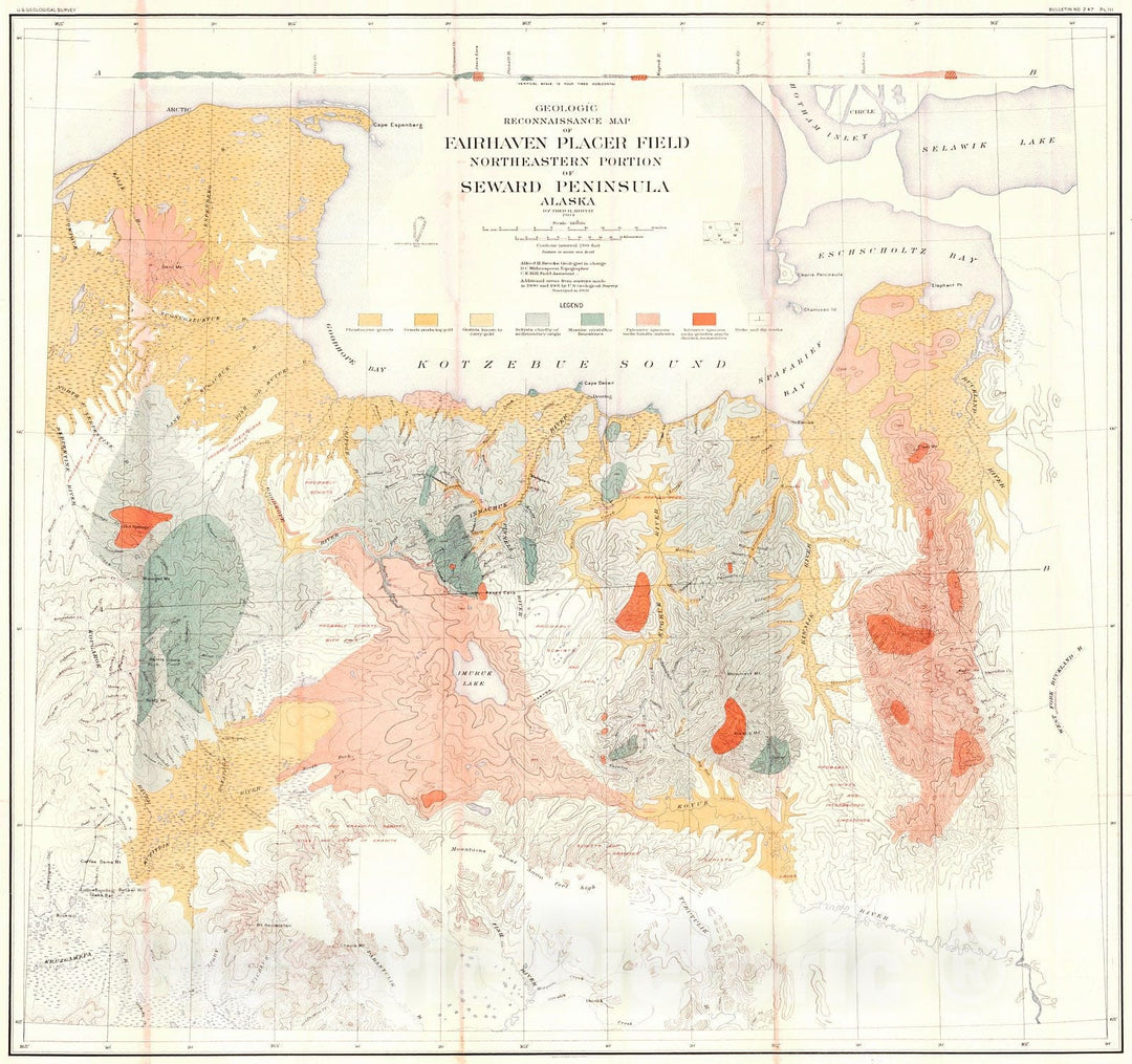 Historic Map : 1905 Geological Reconnaissance Map of northeastern portion of Seward Peninsula, Alaska : Vintage Wall Art
