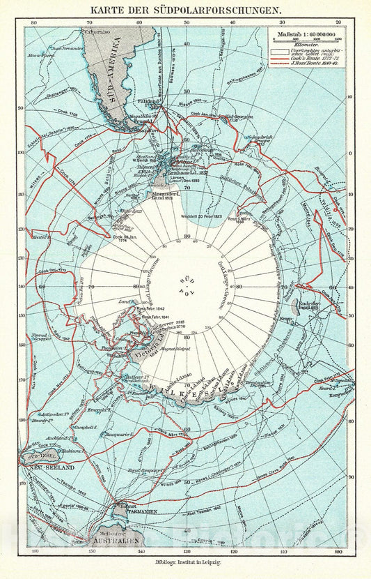 Historic Map : 1894 Karte der S&uuml;dpolarforschungen : Vintage Wall Art