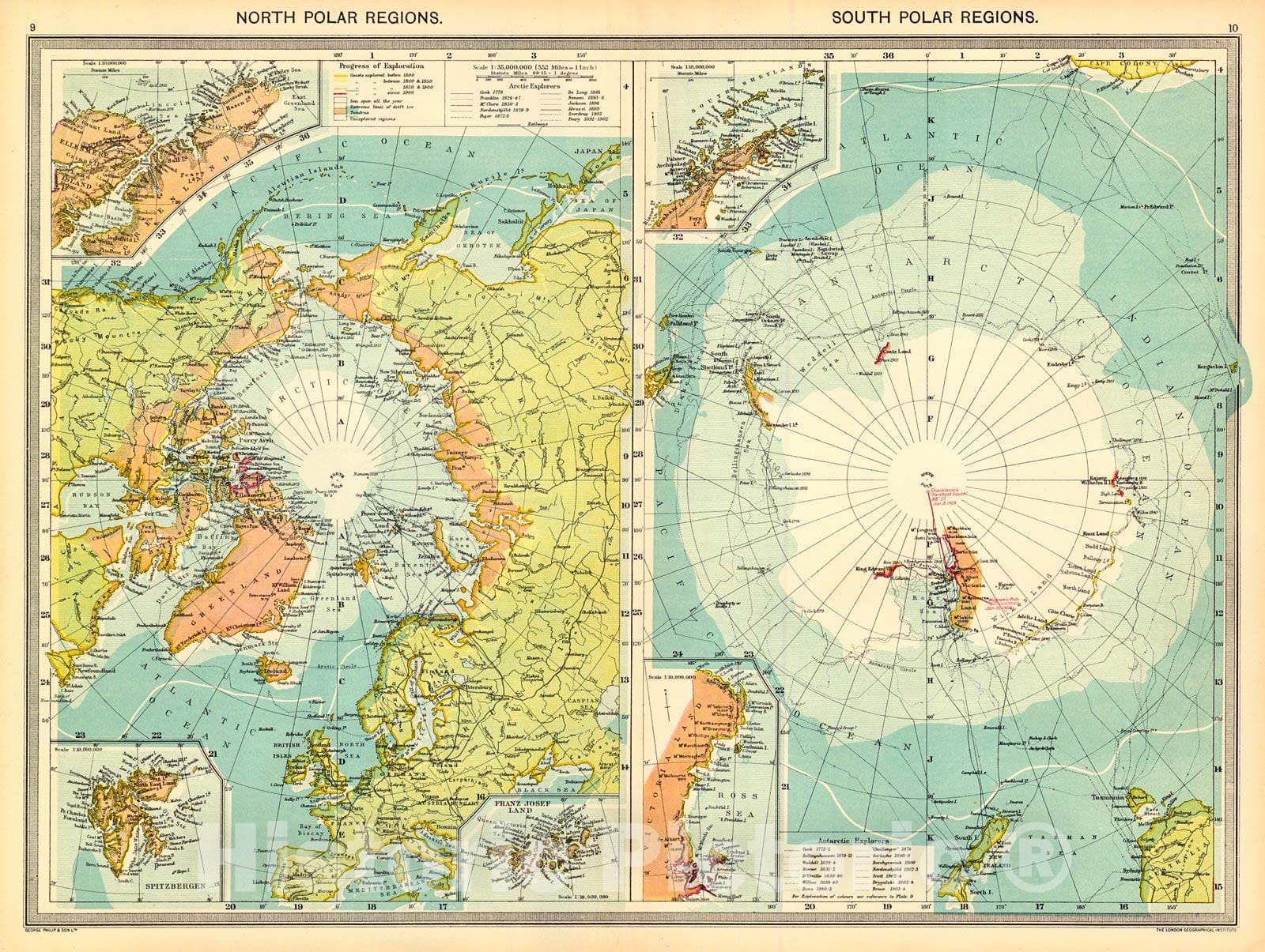 Historic Map : 1910 North Polar Regions, South Polar Regions  : Vintage Wall Art