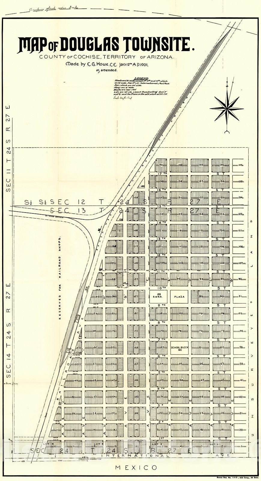 Historic Map : 1901 Map of Douglas Townsite County of Cochise, Territory of Arizona : Vintage Wall Art