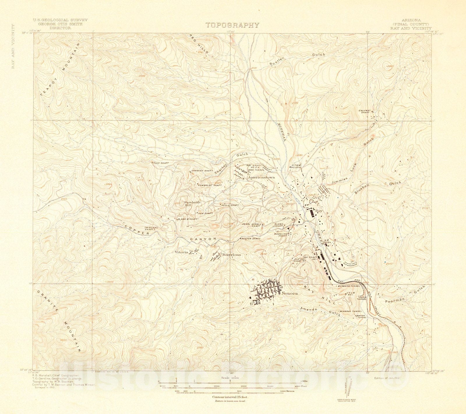 Historic Map : 1912 Ray and Vicinity, Pinal County, Arizona  : Vintage Wall Art