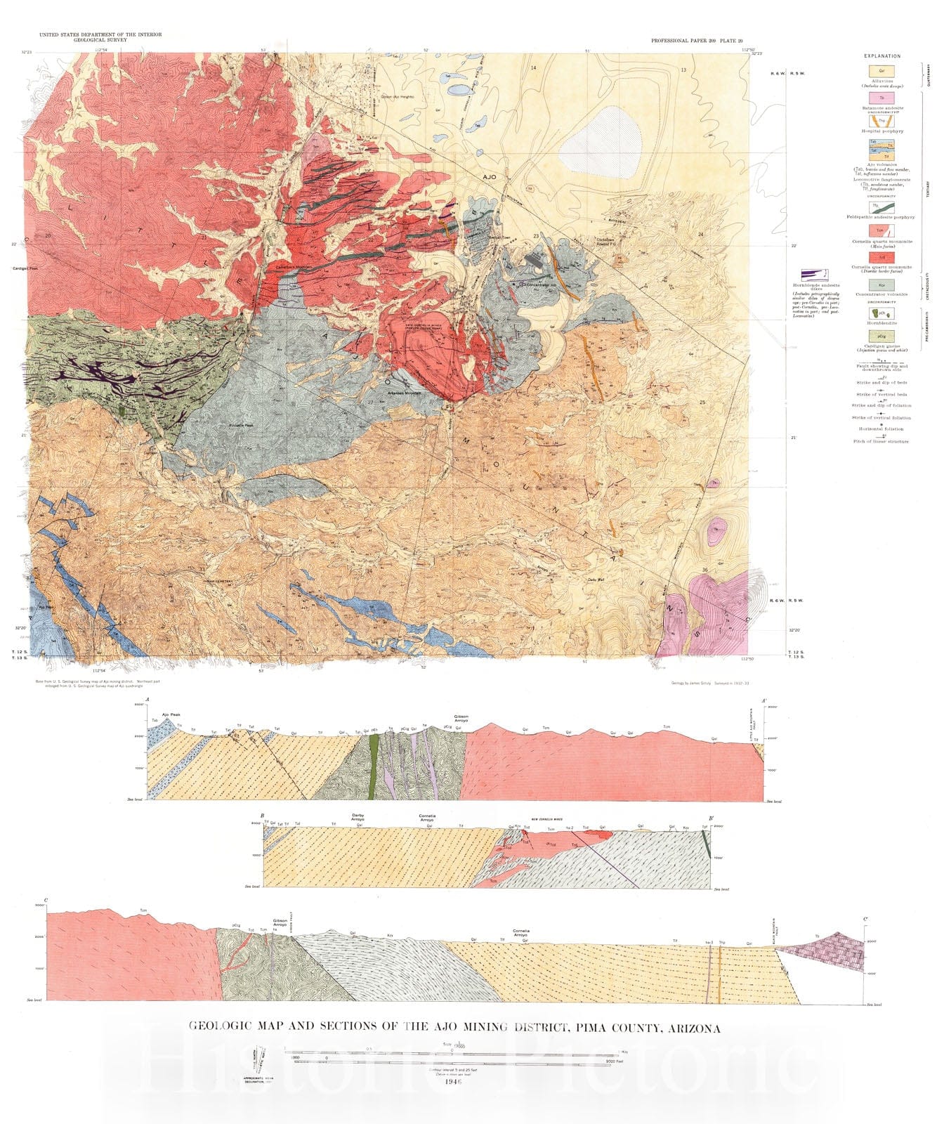 Historic Map : 1946 Geologic map and sections of the Ajo Mining District, Pima County, Arizona : Vintage Wall Art
