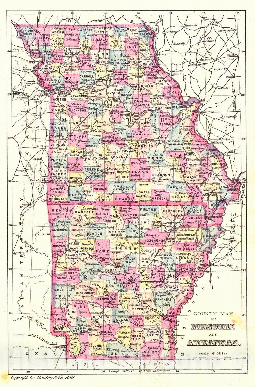 Historic Map : 1881 County Map of Missouri and Arkansas : Vintage Wall Art