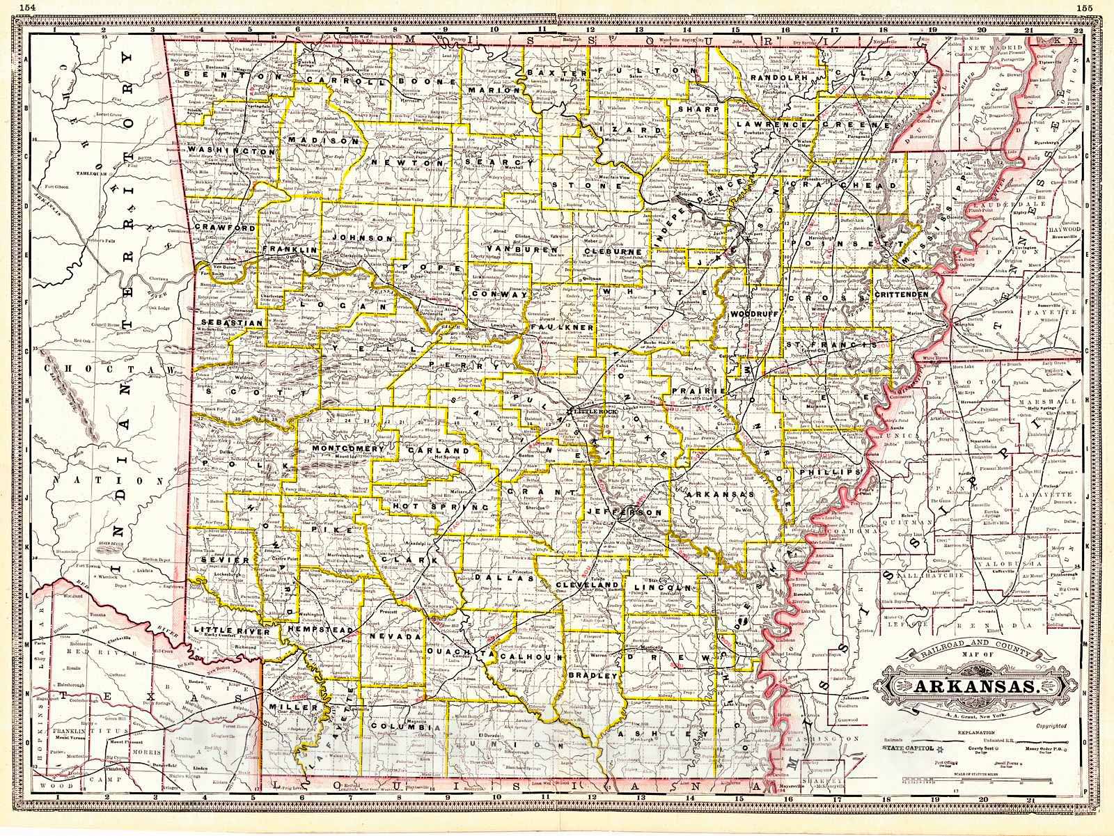 Historic Map : 1887 Railroad and County Map of Arkansas : Vintage Wall Art