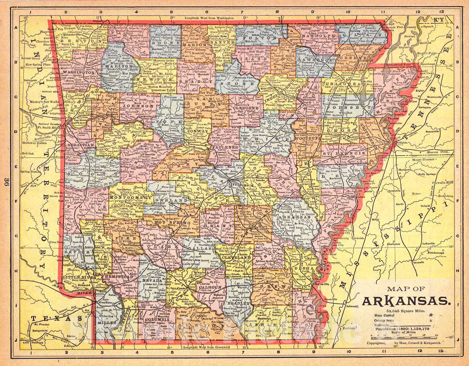 Historic Map : 1893 Map of Arkansas : Vintage Wall Art