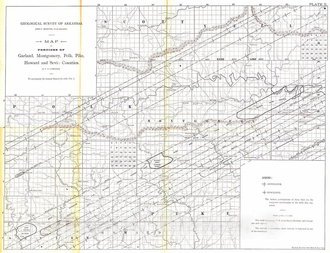Historic Map : 1888 Map of portions of Garland, Montomgery, Polk, Pike, Howard and Sevier Counties : Vintage Wall Art