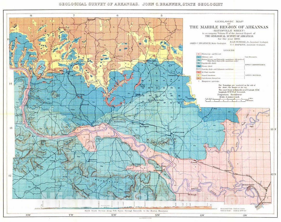 Historic Map : 1890 Geologic Map of the Marble Region - Batesville Sheet : Vintage Wall Art