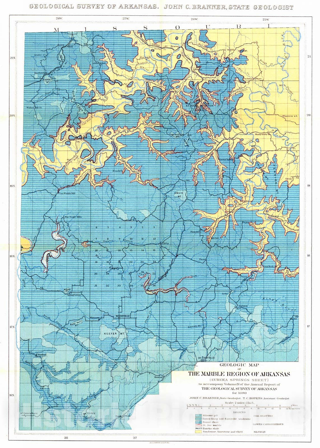 Historic Map : 1890 Geologic Map of the Marble Region - Eureka Springs Sheet : Vintage Wall Art