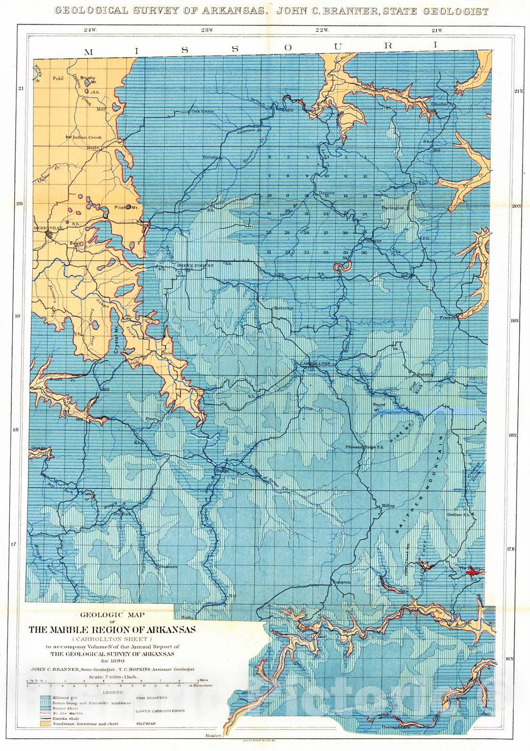 Historic Map : 1890 Geologic Map of the Marble Region - Carrollton Sheet : Vintage Wall Art