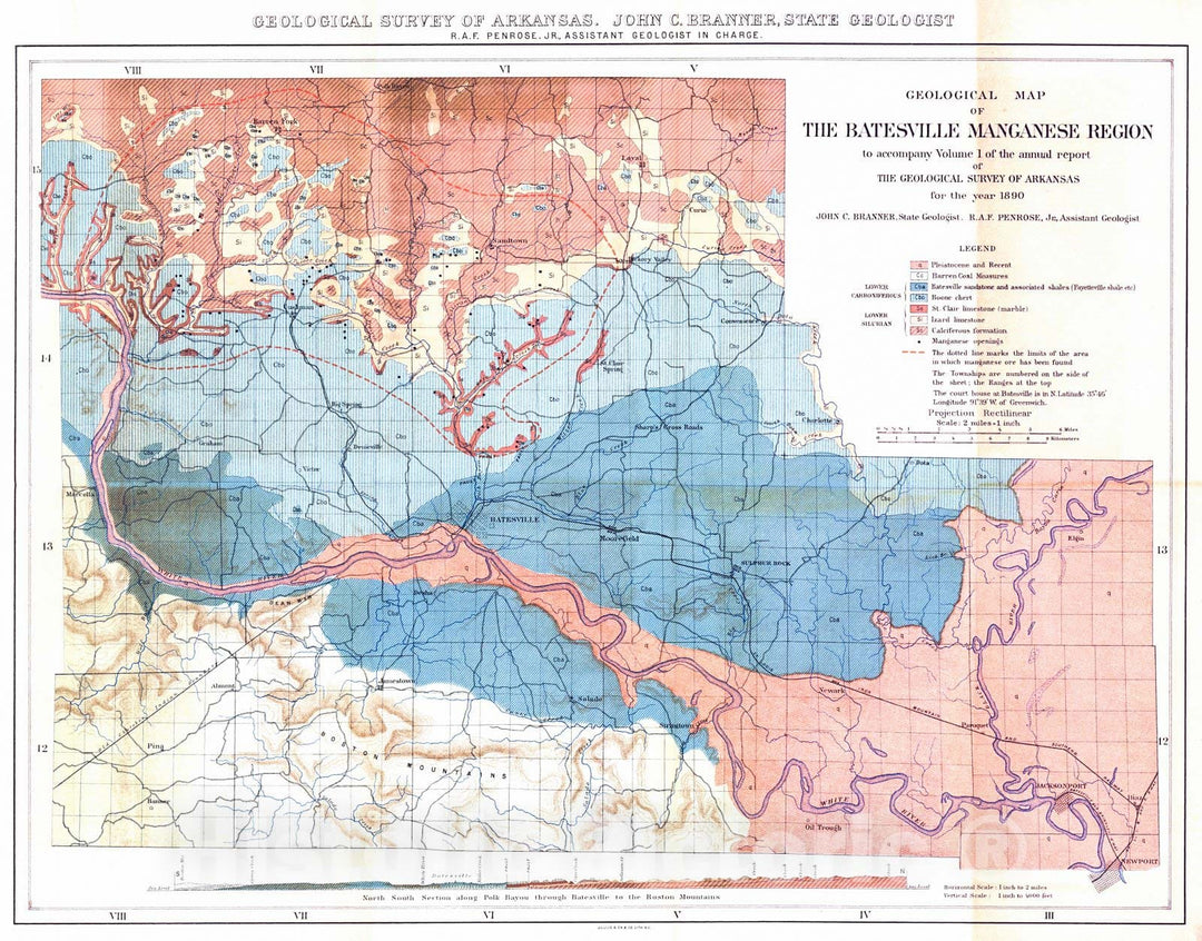 Historic Map : 1890 Geological Map of the Batesville Manganese Region : Vintage Wall Art